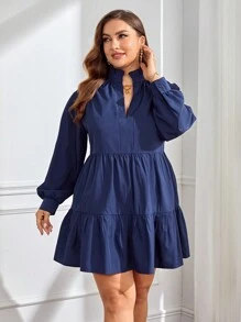 SHEIN Essnce 大碼缺口領荷葉邊娃娃裙 - 藏蓝色 - 查看 1