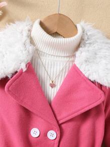 SHEIN Young Girl 1pc Contrast Fuzzy Trim Double Breasted Belted Coat With Bag - Hot Pink - View 8