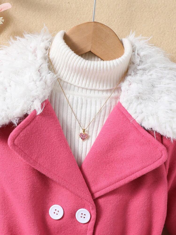 Young Girl 1pc Contrast Fuzzy Trim Double Breasted Belted Coat With Bag