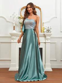 SHEIN Belle Vestido de vestir de un hombro ribete con fruncido con lentejuela en contraste - Verde - Ver 3