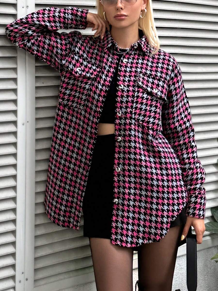 EURMUSE Houndstooth Print Flap Pocket Coat - Pink - View 1