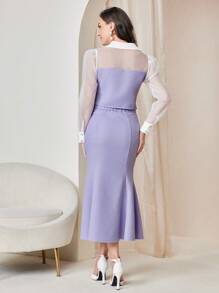 Modelyn 拼接網紗袖襯衫和魚尾短裙