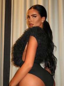 SHEIN SXY 亮片連體衣 插入荷葉邊撞色亮片網眼荷葉邊連體衣 - 黑與白 - 查看 2