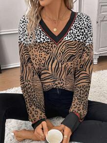 SHEIN Clasi Leopard Pattern Striped Trim Drop Shoulder Sweater - Multicolor - View 1