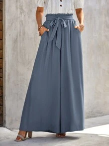SHEIN LUNE Paperbag Waist Belted Wide Leg Pants - Dusty Blue - View 3