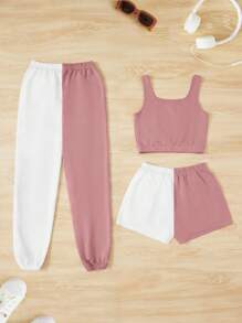 SHEIN 青少年女孩素色背心上衣和雙色衛褲和運動褲 - 粉色 - 查看 2