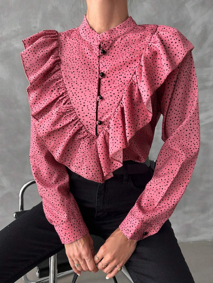 EURMUSE Polka Dot Print Ruffle Trim Button Front Shirt - Pink - View 1
