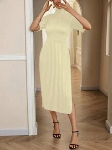 GENKIRA Solid Mock Neck Ribbed Knit Dress - Beige - View 4
