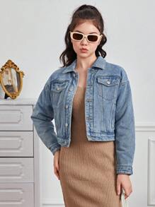 Teen Girl Flap Pocket Denim Jacket - Medium Wash - View 5