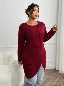 SHEIN LUNE Plus Cable Knit Button Front Asymmetrical Hem Sweater - Burgundy - View 3
