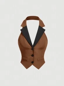 SHEIN MOD Contrast Collar Button Front Halter Neck Waistcoat - Brown - View 1