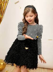 女小童拼接毛茸茸後綁帶蝴蝶結羊腿袖派對禮服適用於聖誕 - 彩色 - 查看 3