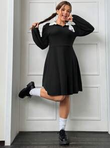 SHEIN EZwear 大碼撞色領燈籠袖洋裝 - 黑色 - 查看 4