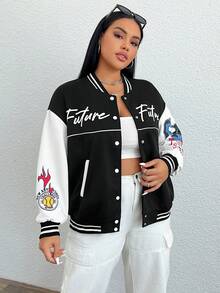 SHEIN EZwear 大碼字母圖案落肩袖雙色學院風夾克 - 彩色 - 查看 4