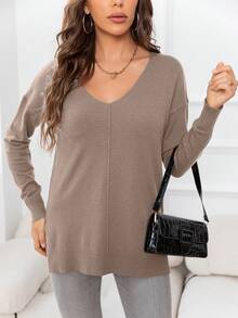 DEARCASE V Neck Split Hem Sweater,Long Sleeve Tops - Khaki - View 5