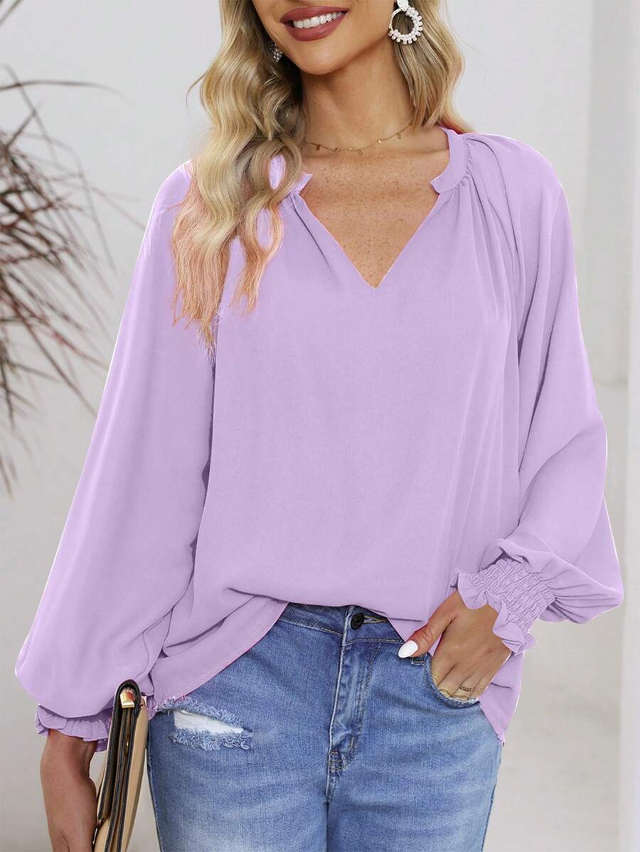 DOKOTOO Notched Neckline Lantern Sleeve Blouse - Mauve Purple - View 1