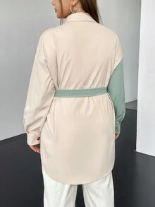 SHEIN EZwear 大碼撞色落肩袖腰帶襯衫 - 彩色 - 查看 2