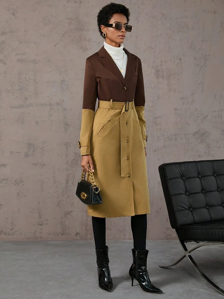 Two Tone Single Breasted Belted Trench Coat Fall Cloth For Women