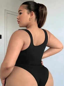 SHEIN SXY Plus Solid Cut Out Front Cami Bodysuit - Khaki - View 2