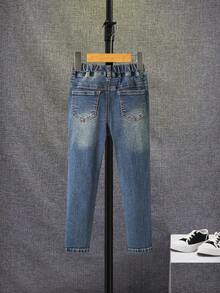 SHEIN Young Boy Ripped Frayed Bleach Wash Elastic Waist Jeans - Medium Wash - View 2