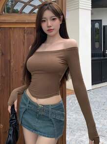 DAZY 女士纯色露肩长袖修身T恤，秋季女装 - 棕色 - 查看 5