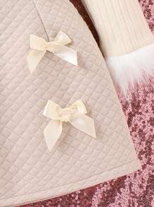 SHEIN Young Girl Fuzzy Cuff Bow Front Tee & Skirt - Apricot - View 4