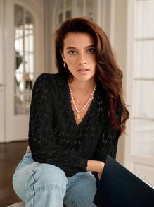 SHEIN Frenchy 蕾絲邊網眼刺繡上衣 - 黑色 - 查看 7