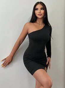 EURMUSE One Shoulder Split Hem Bodycon Dress - Black - View 3