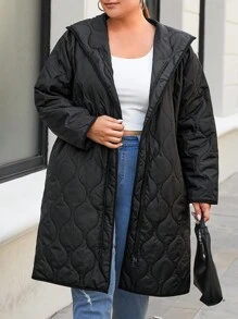 SHEIN Cottnline Plus Zip Up Hooded Quilted Coat - Black - View 1