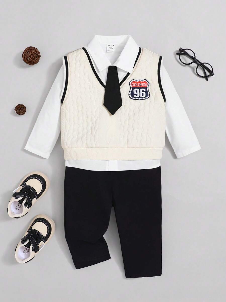 SHEIN Baby Boy Letter Patched Striped Trim Tank Top & Pants & Shirt & Tie - Multicolor - View 1