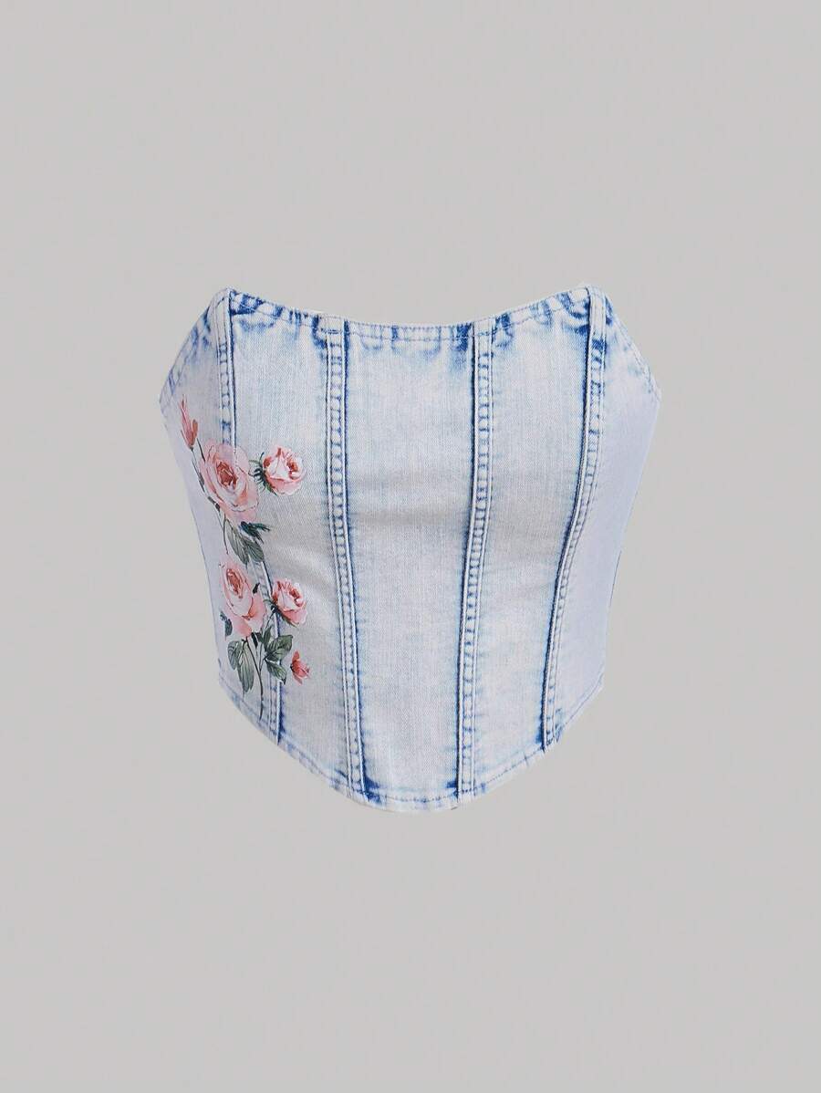 SHEIN MOD Floral Embroidery Curved Hem Tube Denim Top - Light Wash - View 1