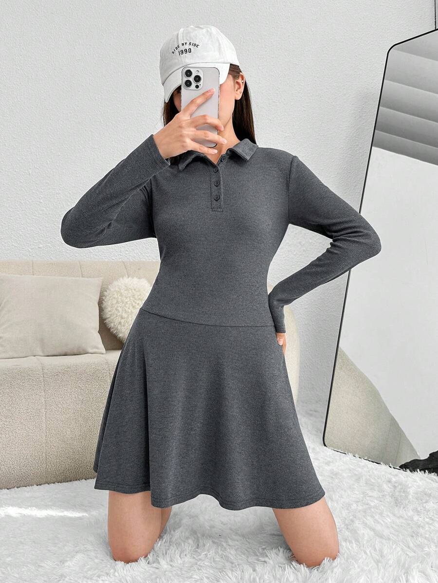 SHEIN Thiếu niên cô gái Chất rắn Placket nửa nút Váy chữ A - Xám - Xem 1