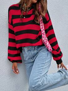SHEIN LUNE Striped Pattern Drop Shoulder Sweater,Long Sleeve Tops Knit Pullover Fall Winter Outfit