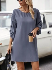 SHEIN LUNE Solid Roll Up Sleeve Dress - Dark Grey - View 1