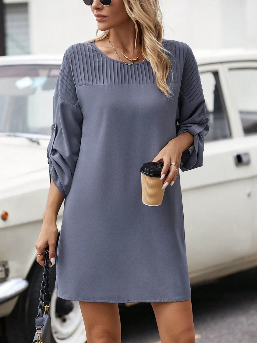 SHEIN LUNE Solid Roll Up Sleeve Dress - Dark Grey - View 1