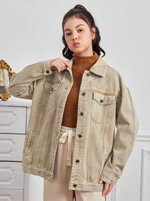 Teen Girl Flap Pocket Drop Shoulder Denim Jacket - Khaki - View 6