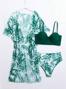 SHEIN Swim 夏季海灘熱帶印花推擠上衣比基尼套裝連和服外套 - 墨綠色 - 查看 4