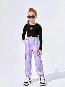 SHEIN Tween Girl Star Print Crop Tee & Holographic Pants - Black - View 4