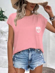 INAWLY 骷髅頭圖案蝙蝠袖口袋貼布T恤 - 粉色 - 查看 3