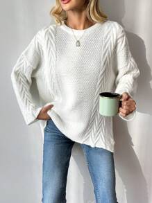SHEIN Cottnline Solid Drop Shoulder Cable Knit Sweater - White - View 1