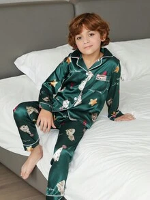 Tween Boy Cartoon Graphic Contrast Piping Satin PJ Set - Green - View 3