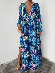 RueChic Plus Tropical Print Plunging Neck Split Thigh Dress - Blue - View 3