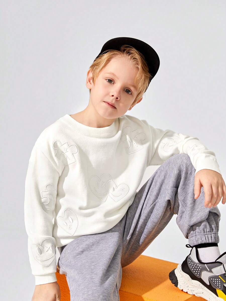 SHEIN Tween Boy Heart Embroidery Drop Shoulder Sweater - White - View 1