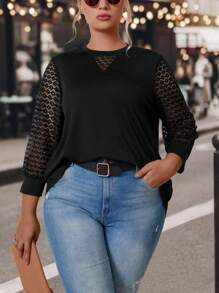 SHEIN LUNE Plus Contrast Lace Sleeve Top - Black - View 4