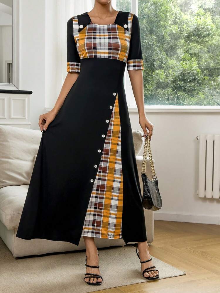 Plaid Print Button Front Dress