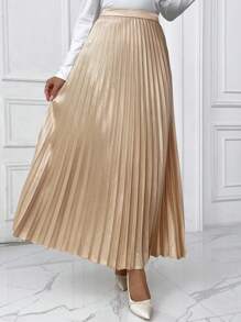 SHEIN Privé Solid Pleated Skirt - Khaki - View 4