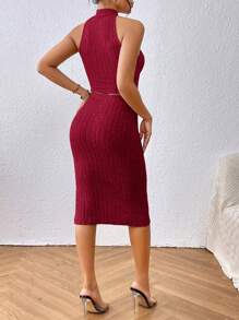 SHEIN Privé 交叉掛脖上衣和抽繩開衩大腿裙 - 酒紅色 - 查看 2