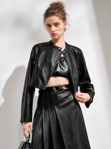 SHEIN Unity 拉鏈開襟PU皮革短夾克 - 黑色 - 查看 5