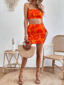 Soleia Floral Print Tube Top & Bodycon Skirt - Orange - View 3