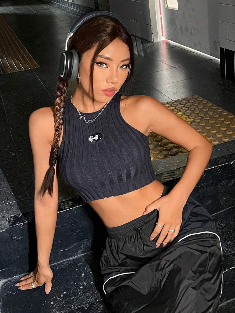 Patched Detail Crop Tank Knit Top